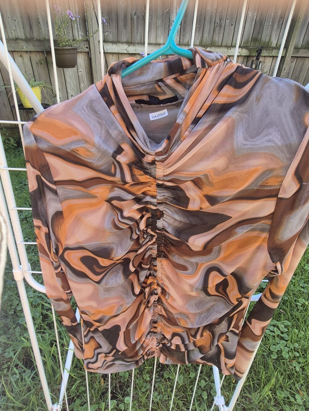 Jane and Delancey Orange and Brown Marble Ruched Long Sleeve Top